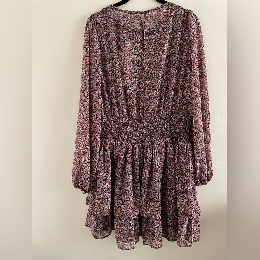 MINKPINK Floral Long Sleeve Tiered Mini Dress in Pink and Brown - Picture 3 of 5